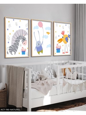 Evine Moda Sevimli Zebra Tavşan ve Kuş 3 Parça Ahşap Çerçeveli Tablo Act