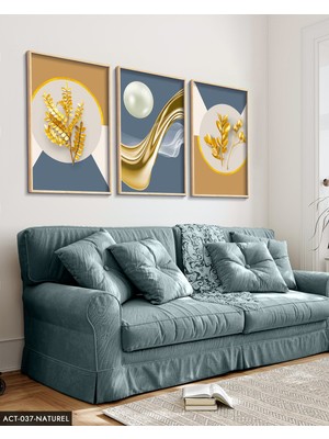 Evine Moda Gold Desenler Yaprak Tüy 3 Parça Ahşap Çerçeveli Tablo Act