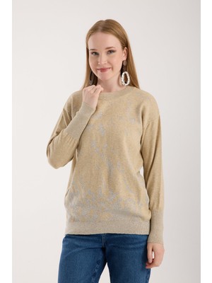 Moda Days Kadın Açık Bej Sim Desenli Geniş Manşetli Bisiklet Yaka Triko Bluz