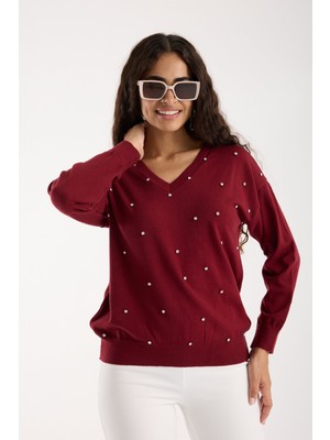 Moda Days Taş Detaylı V Yaka Triko Bluz