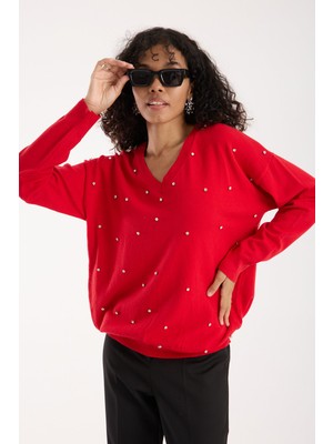 Moda Days Taş Detaylı V Yaka Triko Bluz