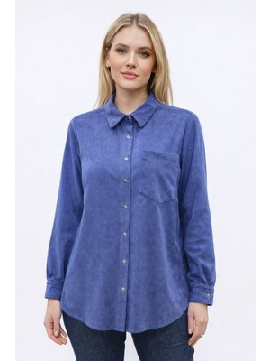 Rmg Kadife Büyük Beden Kol Çıtçıtlı Gömlek