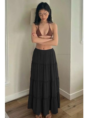 Madmext Koyu Siyah Basic Pileli Kadın Uzun Etek