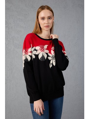 Moda Days Siyah-Kırmızı Iki Renkli Taş Detaylı Çiçek Desenli Bisiklet Yaka Triko Bluz