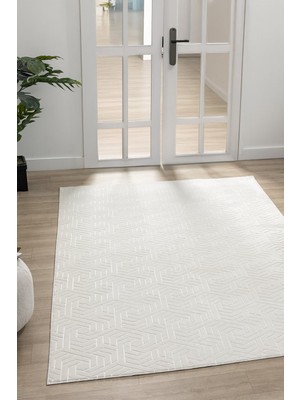 Maisoria Home  Rölyef Halı Kaymaz Tabanlı Makinada Yıkanabilir Leke Tutmaz Krem Kesme Halı Salon Yolluk