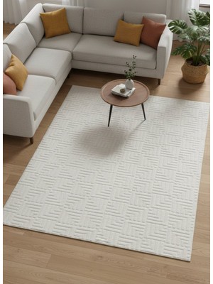 Maisoria Home Merinos Rölyef Halı Kaymaz Tabanlı Makinada Yıkanabilir Leke Tutmaz Krem Kesme Halı Salon Yolluk
