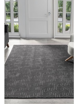 Maisoria Home  Rölyef Halı Kaymaz Tabanlı Makinada Yıkanabilir Leke Tutmaz Antrasit Kesme Halı Salon Yolluk