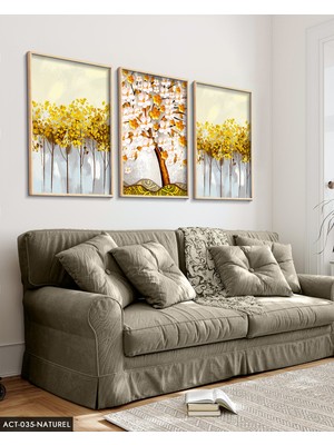 Evine Moda Mavi Çiçek Sulu Boya Görünümlü 3 Parça Ahşap Çerçeveli Tablo Act