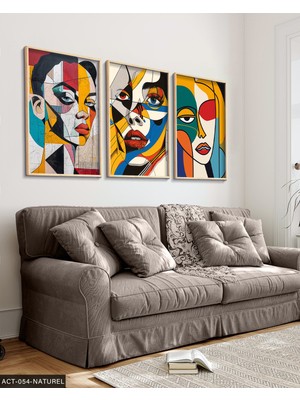 Evine Moda Renkli Kadın Portre 3 Parça Ahşap Çerçeveli Tablo