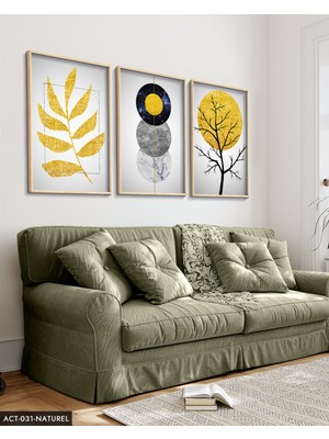 Evine Moda Gold Soyut Desenler 3 Parça Ahşap Çerçeveli Tablo Act