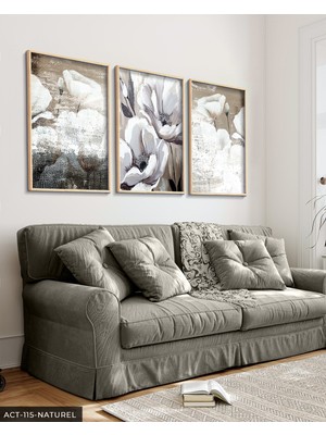 Evine Moda Yağlı Boya Görünümlü Beyaz Çiçek 3 Parça Ahşap Çerçeveli Tablo Act