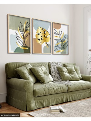 Evine Moda Gold, Beyaz, Tüy, Yaprak, 3 Parça Ahşap Çerçeveli Tablo Act