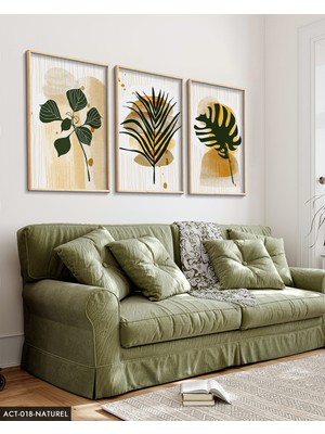 Evine Moda Yeşil Yaprak Tüy 3 Parça Ahşap Çerçeveli Tablo Act