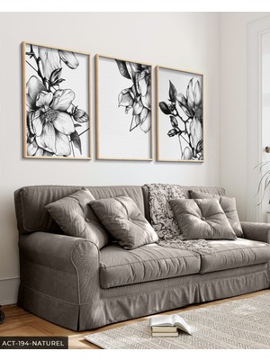 Evine Moda Siyah Beyaz Çiçek 3 Parça Ahşap Çerçeveli Tablo Act