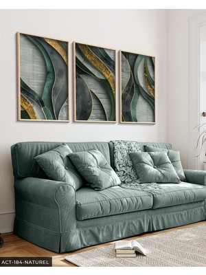 Evine Moda Minimalist Gold Detaylı Soyut Sanat 3 Parça Ahşap Çerçeveli Tablo Act