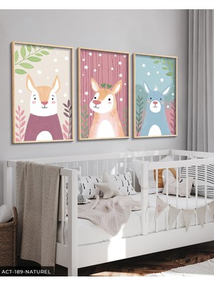 Evine Moda Hayvan Temalı Çocuk Odası 3 Parça Ahşap Çerçeveli Tablo Act