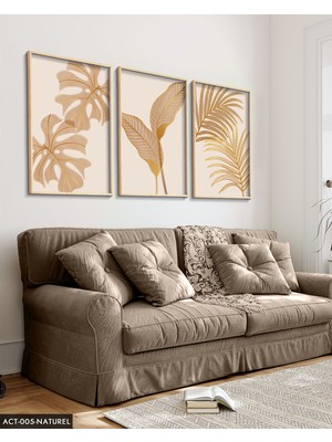 Evine Moda Botanik Altın Yapraklı Çiçek 3 Parça Ahşap Çerçeveli Tablo Act