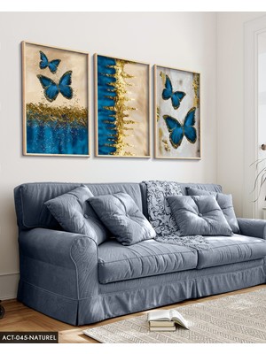 Evine Moda Mavi Kelebek Gold Işıltılı 3 Parça Ahşap Çerçeveli Tablo Act
