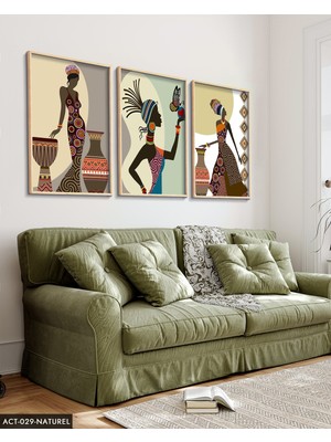 Evine Moda Etnik Afrikalı Kadınlar 3 Parça Ahşap Çerçeveli Tablo Act