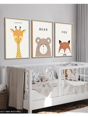 Evine Moda Hayvanlar Çocuk Odası 3 Parça Ahşap Çerçeveli Tablo