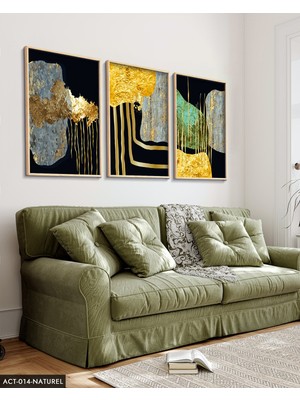 Evine Moda Soyut Gold Desenler 3 Parça Ahşap Çerçeveli Tablo Act