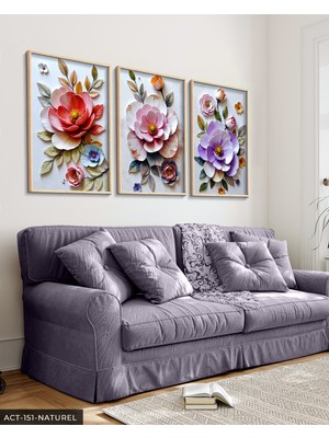 Evine Moda Renkli Çiçekler 3 Parça Ahşap Çerçeveli Tablo Act