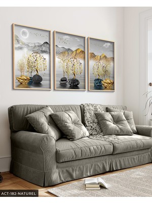 Evine Moda Gold Ağaçlar ve Dağlar 3 Parça Ahşap Çerçeveli Tablo Act