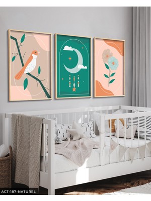 Evine Moda Minimalist Ay Çiçek ve Kuş 3 Parça Ahşap Çerçeveli Tablo Act