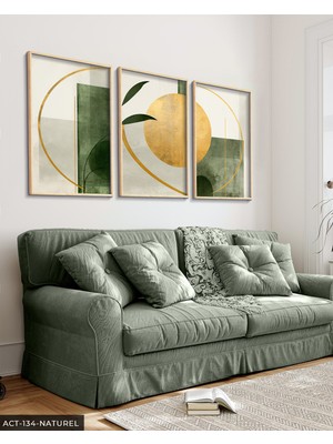 Evine Moda Gold ve Yeşil Soyut Sanat 3 Parça Ahşap Çerçeveli Tablo Act