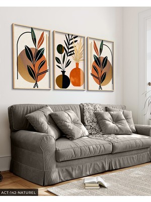 Evine Moda Boho Tarzında Vazoda Yapraklar 3 Parça Ahşap Çerçeveli Tablo Act