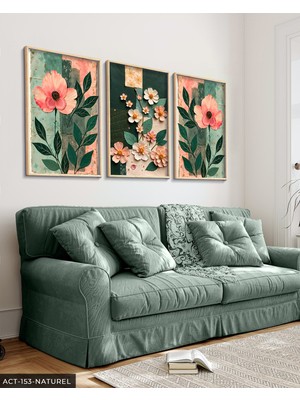 Evine Moda Renkli Zeminde Pembe Çiçekler 3 Parça Ahşap Çerçeveli Tablo Act