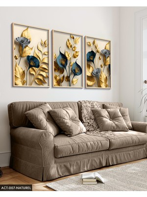 Evine Moda Zarif Altın Yapraklı Çiçekler 3 Parça Ahşap Çerçeveli Tablo Act