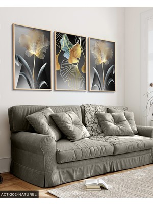 Evine Moda Soyut Sanat Gold Çiçek 3 Parça Ahşap Çerçeveli Tablo Act
