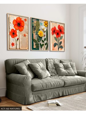 Evine Moda Yeşil Yapraklı Kırmızı ve Sarı Çiçek 3 Parça Ahşap Çerçeveli Tablo Act