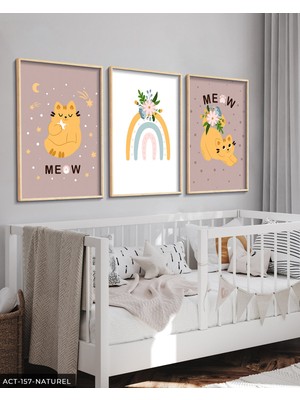 Evine Moda Sevimli Kedi ve Gökkuşağı 3 Parça Ahşap Çerçeveli Tablo Act
