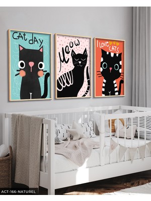 Evine Moda Sevimli Kara Kediler 3 Parça Ahşap Çerçeveli Tablo Act