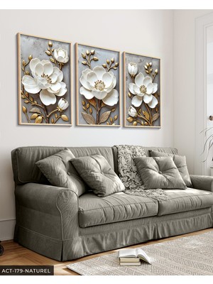 Evine Moda Gold Yapraklı Beyaz Çiçek 3 Parça Ahşap Çerçeveli Tablo Act
