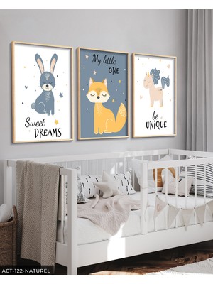 Evine Moda Hayvan Temalı Çocuk Odası 3 Parça Ahşap Çerçeveli Tablo Act