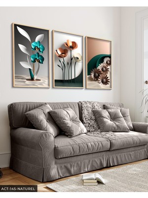 Evine Moda Zarif Mavi ve Pembe Çiçekler 3 Parça Ahşap Çerçeveli Tablo Act