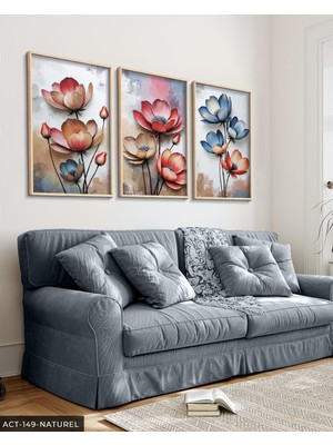 Evine Moda Kırmızı ve Mavi Çiçekler 3 Parça Ahşap Çerçeveli Tablo Act