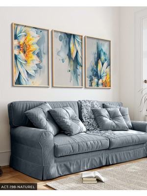 Evine Moda Sulu Boya Görünümlü Mavi Çiçek 3 Parça Ahşap Çerçeveli Tablo Act