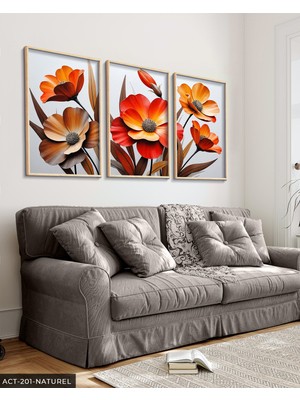 Evine Moda Dokulu Görünüm Kırmızı Çiçek 3 Parça Ahşap Çerçeveli Tablo Act