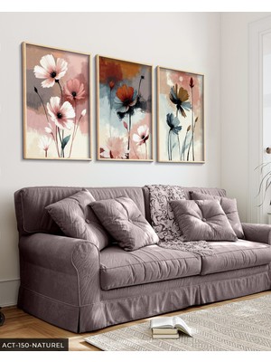 Evine Moda Renkli Zeminde Zarif Çiçekler 3 Parça Ahşap Çerçeveli Tablo Act