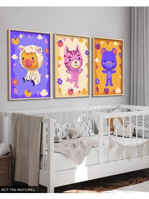 Evine Moda Hayvan Temalı Çocuk Odası 3 Parça Ahşap Çerçeveli Tablo Act