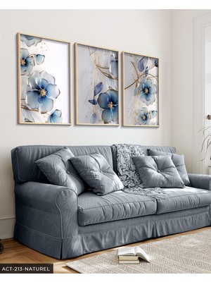 Evine Moda Gold Detaylı Mavi Çiçek 3 Parça Ahşap Çerçeveli Tablo Act