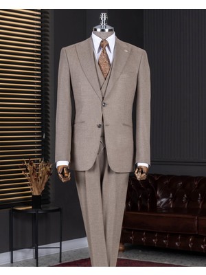 Italyan Stil Slim Fit Sivri Yaka Ceket Yelek Pantolon Takım Elbise Vizon T14667