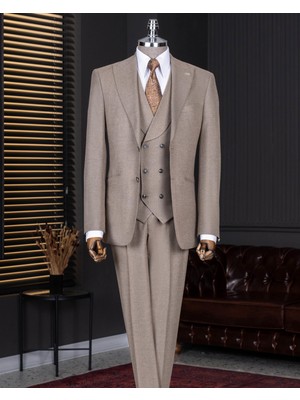 Italyan Stil Slim Fit Sivri Yaka Ceket Yelek Pantolon Takım Elbise Vizon T14667