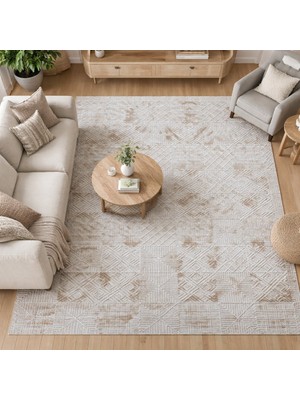 Maisoria Home Rölyef Halı Kaymaz Tabanlı Makinada Yıkanabilir Embosslu Leke Tutmaz Bej Kesme Halı Salon Yolluk
