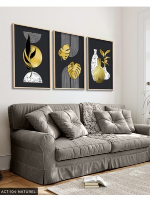 Evine Moda Boho Tarzı Gold Detaylı Yaprak 3 Parça Ahşap Çerçeveli Tablo Act