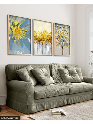 Evine Moda Mavi Çiçek Sulu Boya Görünümlü 3 Parça Ahşap Çerçeveli Tablo Act